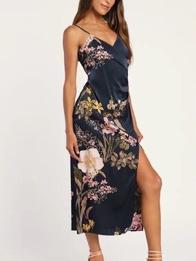 Lulu's Navy Floral Satin Slip Maxi Dress